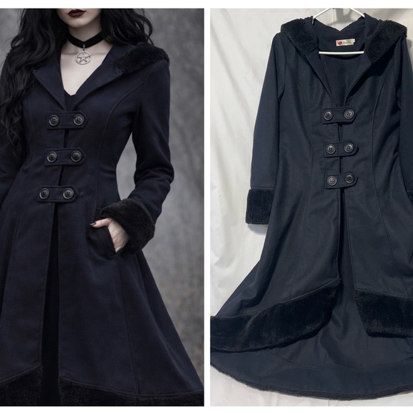 Xian Xian Jackets & Blazers - Xian Xian Goth Steampunk Hooded Black Fleece Felt High-Low Coat sz M